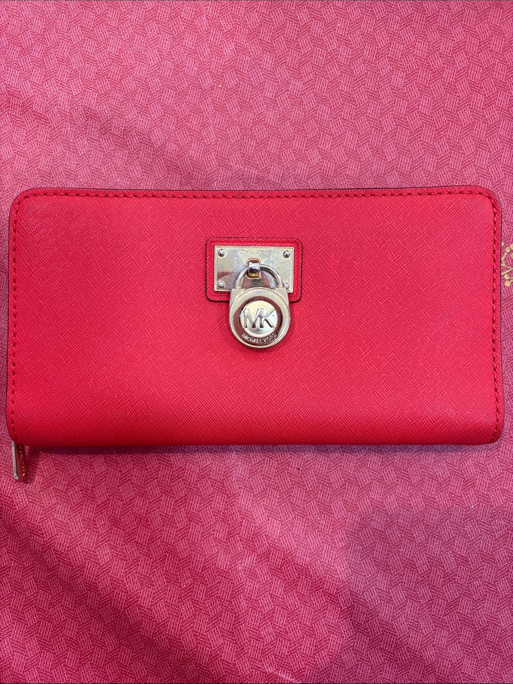 Michael Kors Red Saffiano Zip Wallet with Signature MK Charm